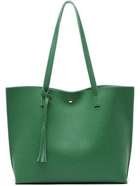 Women's  Forest Green Faux Leather Tote Shoulder Bag Spacious Tassel Style